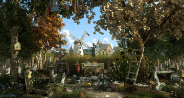 Картинка 3д графика realism реализм лестница подсолнухи пугало мельница деревья арт jason godbey город поле