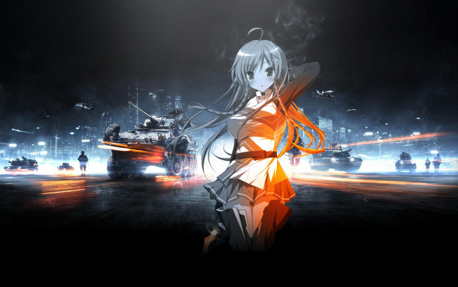 Обои картинки фото аниме, weapon, blood, technology, танки, девушка, ночь