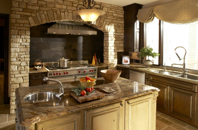 Обои картинки фото интерьер, кухня, мойка, овощи, плита, кастрюли