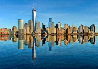 Картинка manhattan города нью йорк сша залив город небоскребы отражение