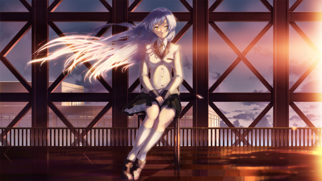 Обои картинки фото аниме, angel, beats, стул, девушка, закат, здание