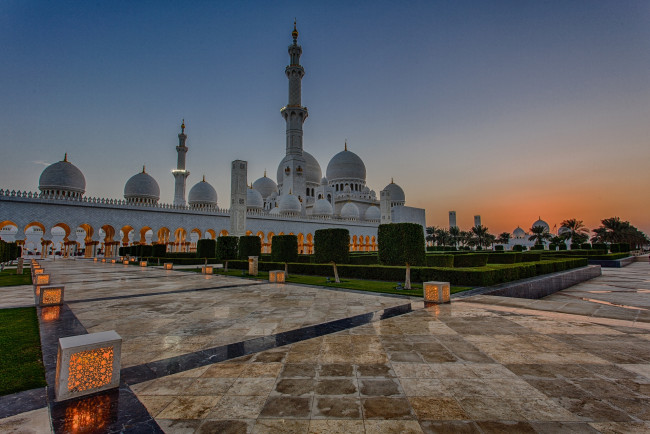 Обои картинки фото sheikh, zayed, grand, mosque, abu, dhabi, uae, города, абу, даби, оаэ, абу-даби, мечеть, шейха, зайда, фонари, закат
