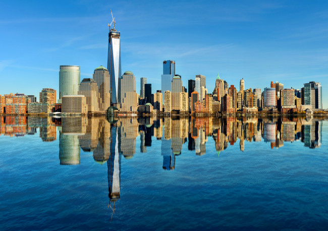 Обои картинки фото manhattan, города, нью, йорк, сша, залив, город, небоскребы, отражение