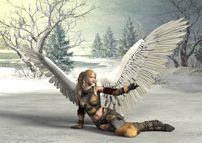 Обои картинки фото 3д, графика, angel, ангел, деревья, снег, крилья