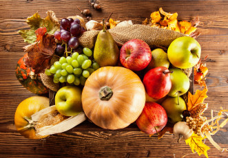 обоя еда, фрукты и овощи вместе, листья, виноград, груша, тыква, ящик