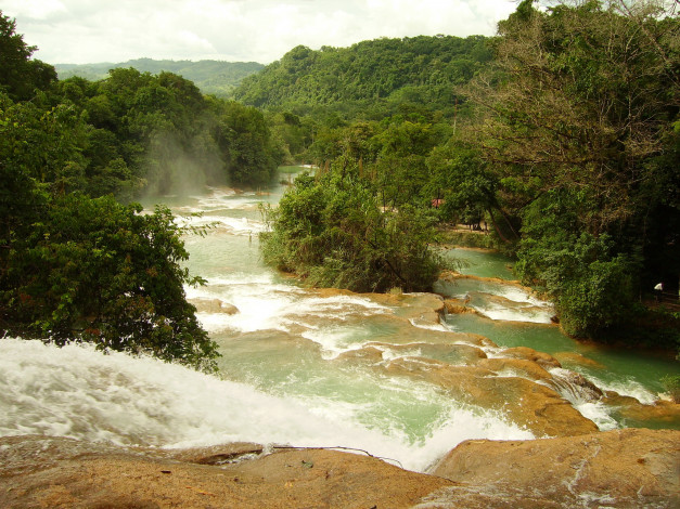 Обои картинки фото каскад agua azul мексика, природа, водопады, каскад, agua, azul, мексика, река, водопад, деревья
