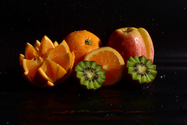 Обои картинки фото еда, фрукты,  ягоды, цитрусы, яблоко, апельсин, киви