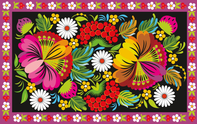 Обои картинки фото векторная графика, цветы , flowers, узор, ягоды, цветы, орнамент, народный, роспись