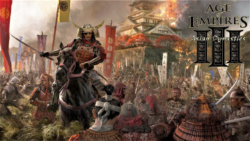 обоя видео игры, age of empires iii,  the asian dynasties, самурай, всадник, войско, здание, пожар