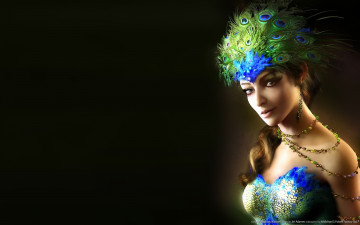 Картинка peacock woman фэнтези девушки девушка перья павлин ожерелье улыбка