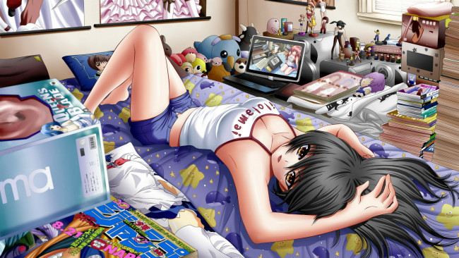 Обои картинки фото аниме, weapon, blood, technology, книги, кровать, девушка