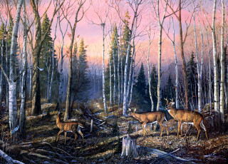 Картинка cold november day рисованные terry doughty олени лес пень осень