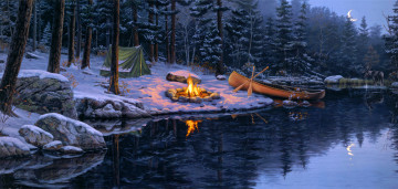 обоя back, in, the, pines, рисованные, darrell, bush, палатка, луна, снег, лось, костер, лодка