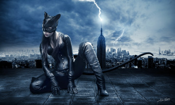 Картинка фэнтези девушки город жещина кошка супергерой костюм гроза молния