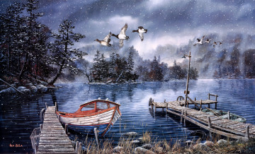 обоя lake, of, the, woods, рисованные, ken, zylla, осень, поздняя, снег, первый