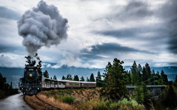 Картинка техника паровозы железная дорога паровоз состав дым мост