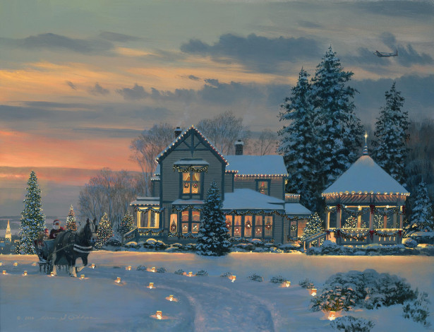 Обои картинки фото christmas, at, the, winchester, inn, рисованные, william, phillips, коттедж, санта, клаус, рождество, зима