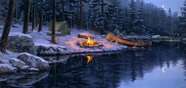 Обои картинки фото back, in, the, pines, рисованные, darrell, bush, палатка, луна, снег, лось, костер, лодка