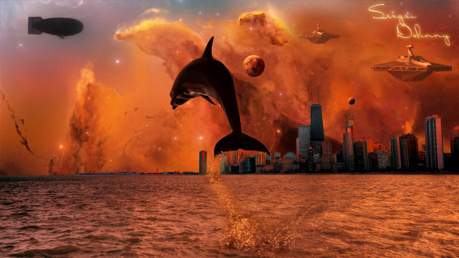 Обои картинки фото фэнтези, иные, миры, времена, космос, город, океан, море, дельфин, планеты