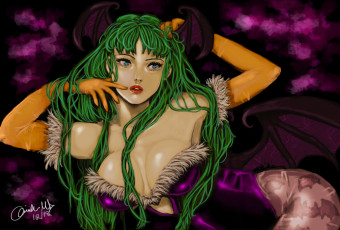 Картинка фэнтези демоны перчатки крылья взгляд morrigan aensland девушка astrozombiesss art поза волосы