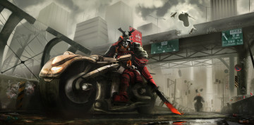 Картинка фэнтези роботы +киборги +механизмы город байк мотоцикл доспехи самурай дуэль мост дорога меч
