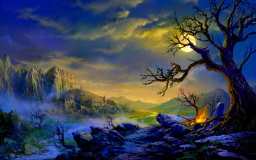 Картинка фэнтези пейзажи пейзаж ночь полная луна костер дерево горы
