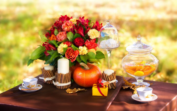 обоя интерьер, декор,  отделка,  сервировка, осень, пикник, листья, цветы, розы, свечи, кофе