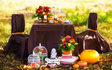 Картинка интерьер декор +отделка +сервировка осень пикник листья цветы розы свечи травы кофе