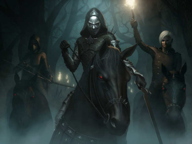 Обои картинки фото фэнтези, люди, меч, лучница, факел, туман, маски, лошадь, ночь, лес