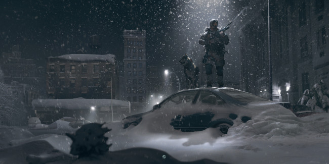 Обои картинки фото фэнтези, люди, фонарь, собака, свет, улица, автомобиль, зима, солдат, снег, ночь