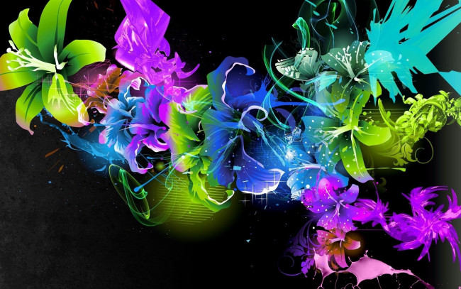 Обои картинки фото 3д графика, цветы , flowers, линии, бабочка, цветы, черный, фон, яркость