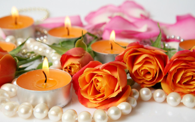 Обои картинки фото разное, свечи, цветы, розы, лепестки
