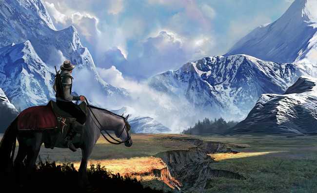 Обои картинки фото рисованное, природа, арт, конь, пейзаж, горы, мужчина, наездник