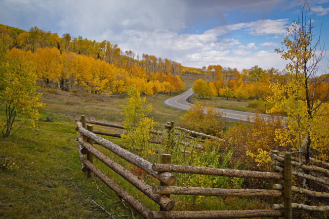 Обои картинки фото природа, дороги, осень, забор, деревья, дорога, склон, небо