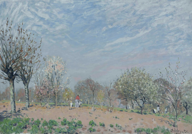Обои картинки фото apple-trees in flower louveciennes, рисованное, alfred sisley, люди, небо, цветение, сад, деревья, весна, облака
