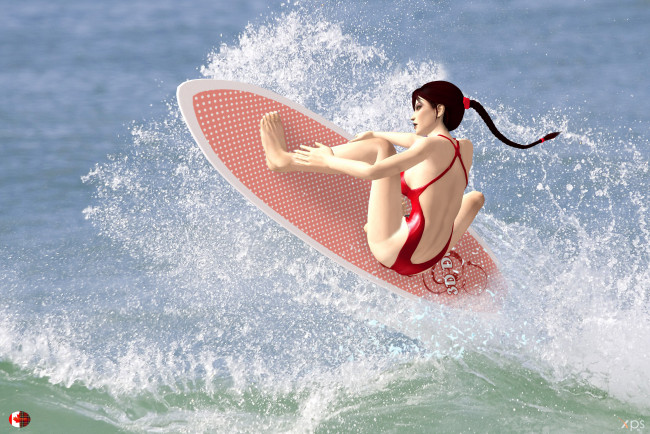 Обои картинки фото 3д графика, спорт , sport, девушка, взгляд, волны, море, фон, серфинг