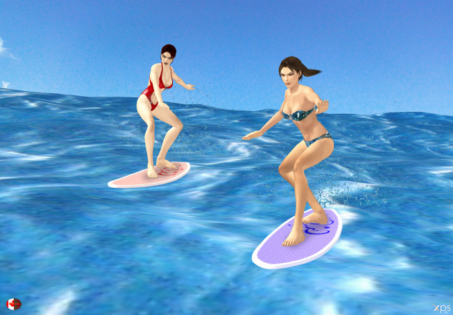 Обои картинки фото 3д графика, спорт , sport, девушки, серфинг, море, волны, взгляд, фон