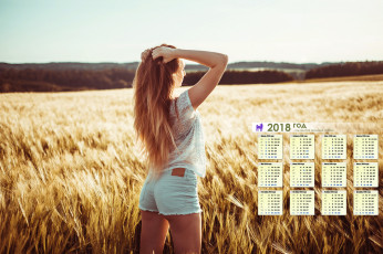 обоя календари, девушки, поле, растения
