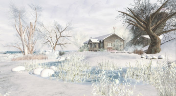 Картинка города -+здания +дома дом деревья снег пейзаж зима