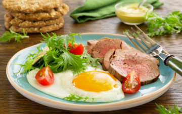 Картинка еда Яичные+блюда ветчина помидор мясо вилка горчица тарелка яичница зелень томаты