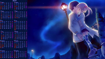 Картинка календари аниме поцелуй парень девочка фонарь юноша ночь