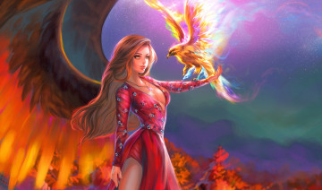 Картинка фэнтези ангелы взгляд девушка птица крылья платье арт
