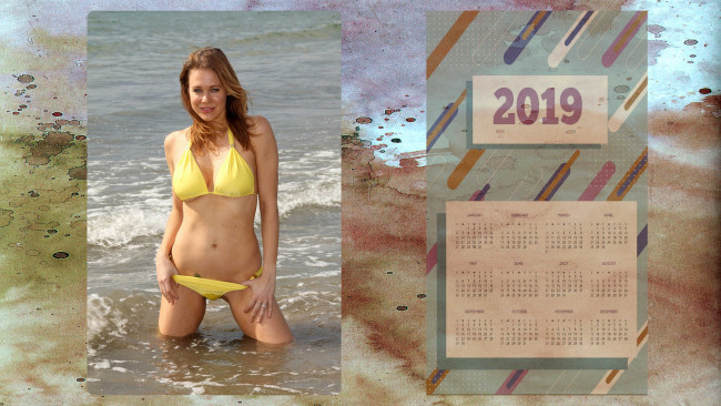 Обои картинки фото календари, девушки, женщина, водоем, купальник, взгляд