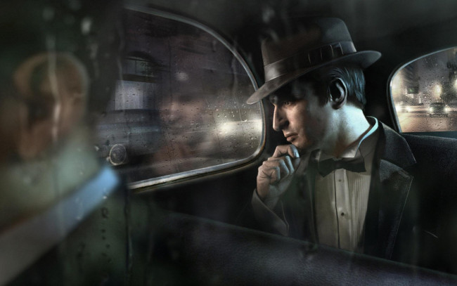 Обои картинки фото видео игры, mafia ii, мафия, водитель, машина, дождь, пассажир, шляпа, костюм