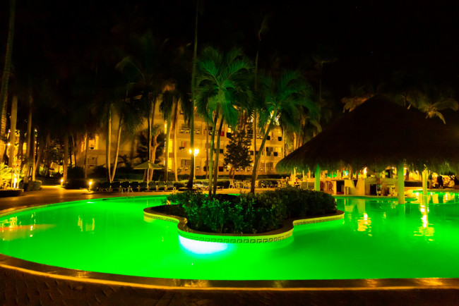 Обои картинки фото интерьер, бассейны,  открытые площадки, бассейн, пальмы, подсветка