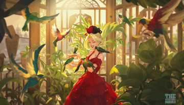 Картинка рисованное люди девушка птицы сад