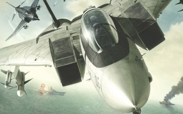 обоя видео игры, ace combat x,  skies of deception, самолеты, корабли, море, небо, бомбы