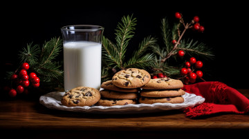Картинка праздничные угощения еловые ветки молоко печенье