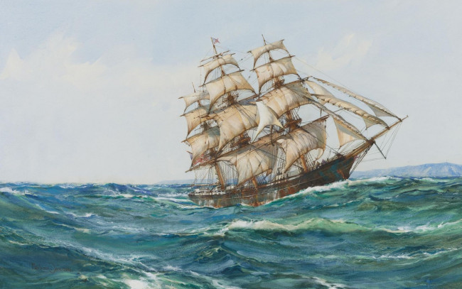 Обои картинки фото montague, dawson, рисованные, парусник, море