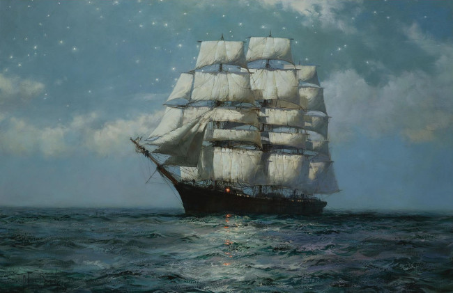 Обои картинки фото montague, dawson, рисованные, море, парусник, звёздное, небо